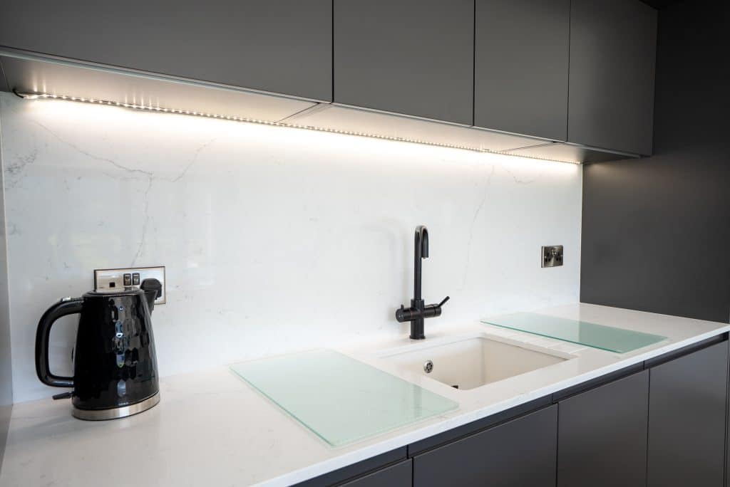 New Built kitchen with Modern Remo Matt Graphite Kitchen with Quartz Avalanche 20mm worktop in Cheshire