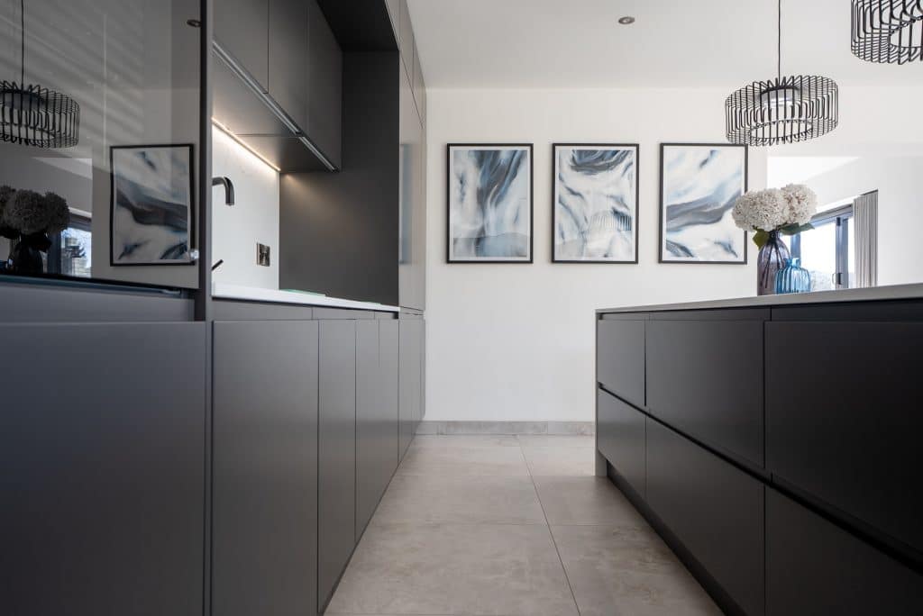 New Built kitchen with Modern Remo Matt Graphite Kitchen with Quartz Avalanche 20mm worktop in Cheshire