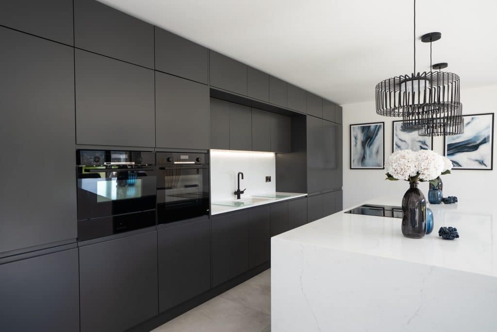 New Built kitchen with Modern Remo Matt Graphite Kitchen with Quartz Avalanche 20mm worktop in Cheshire